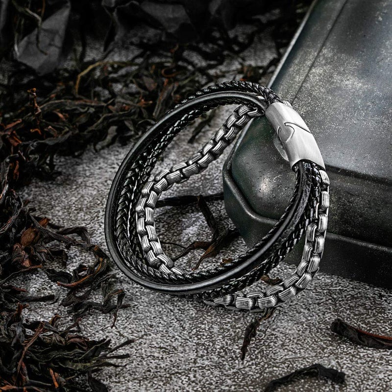 murtoo Mens Bracelet Leather and Steel, Stainless Steel Chain and Leather Bracelets for Men - Image 3
